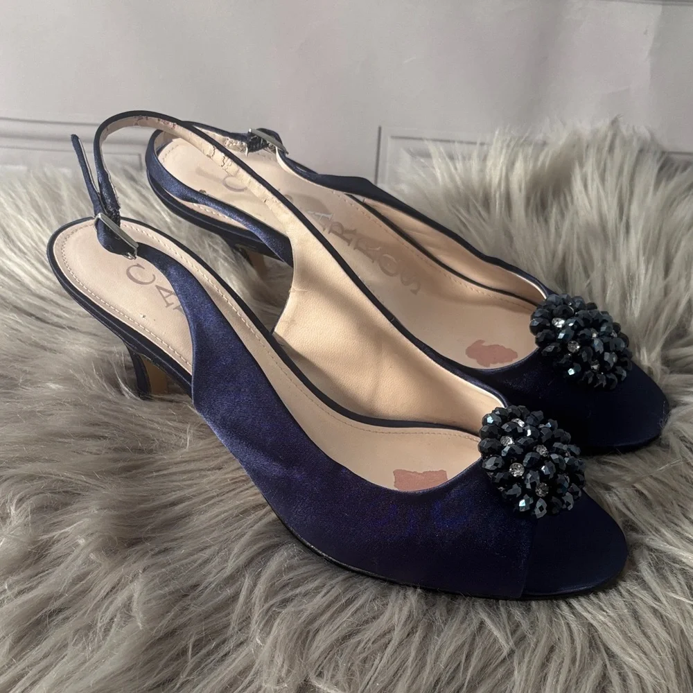 Caparros Navy Blue Satin Peep Toe Slingback Heels with Rhinestones Size 9 - Picture 1 of 11